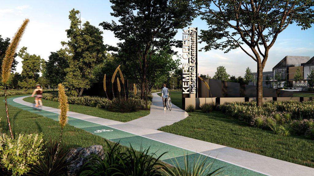 Render of The Yards Estate at Kemps Creek, NSW. Civil engineering by Costin Roe Consulting.
