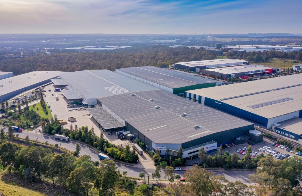 Aerial view of DB Schenker distribution centre at Eastern Creek Business Park. Civil and structural engineering by Costin Roe Consulting.