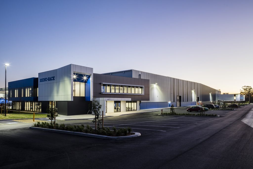 Sunset over Rhino Rack distribution centre at Eastern Creek Business Park. Civil and structural engineering by Costin Roe Consulting.